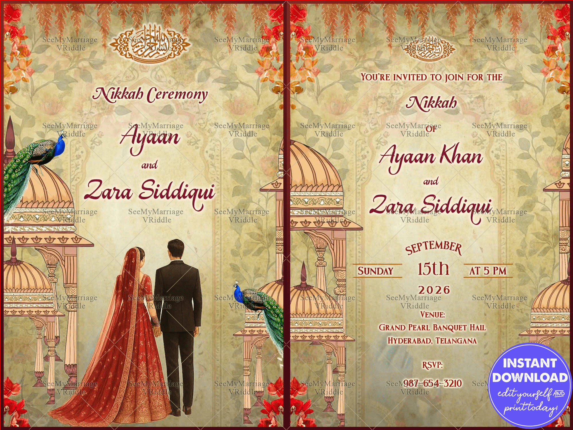 Two Leaf Islamic Nikkah Invitation Featuring a Bride-Groom Illustration with Mughal Domes, Floral Vines and Peacock