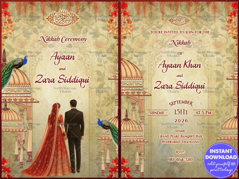 Two Leaf Islamic Nikkah Invitation Featuring a Bride-Groom Illustration with Mughal Domes, Floral Vines and Peacock