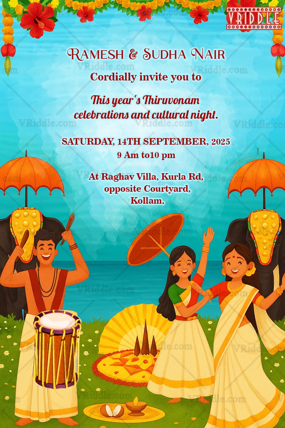 Vibrant Onam Celebration Invitation Card with Traditional Kerala Pookalam, Elephants & Joyful Festive Vibes