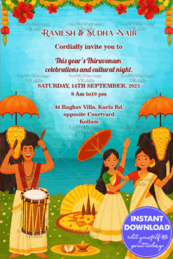 Vibrant Onam Celebration Invitation Card with Traditional Kerala Pookalam, Elephants & Joyful Festive Vibes