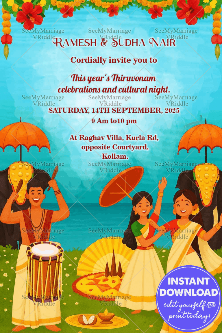 Vibrant Onam Celebration Invitation Card with Traditional Kerala Pookalam, Elephants & Joyful Festive Vibes