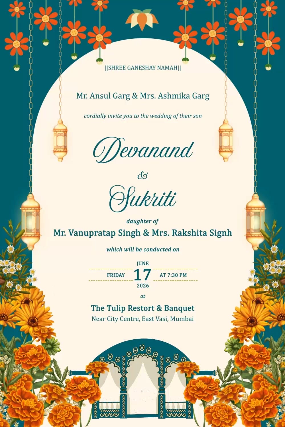 Vivaha Patrika The Essence of Indian Weddings Invitation Video with Hanging Lamps and Marigold Design