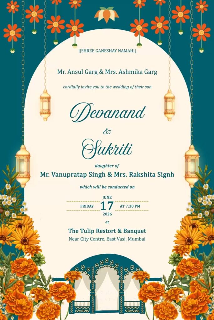 Vivaha Patrika The Essence of Indian Weddings Invitation Video with Hanging Lamps and Marigold Design