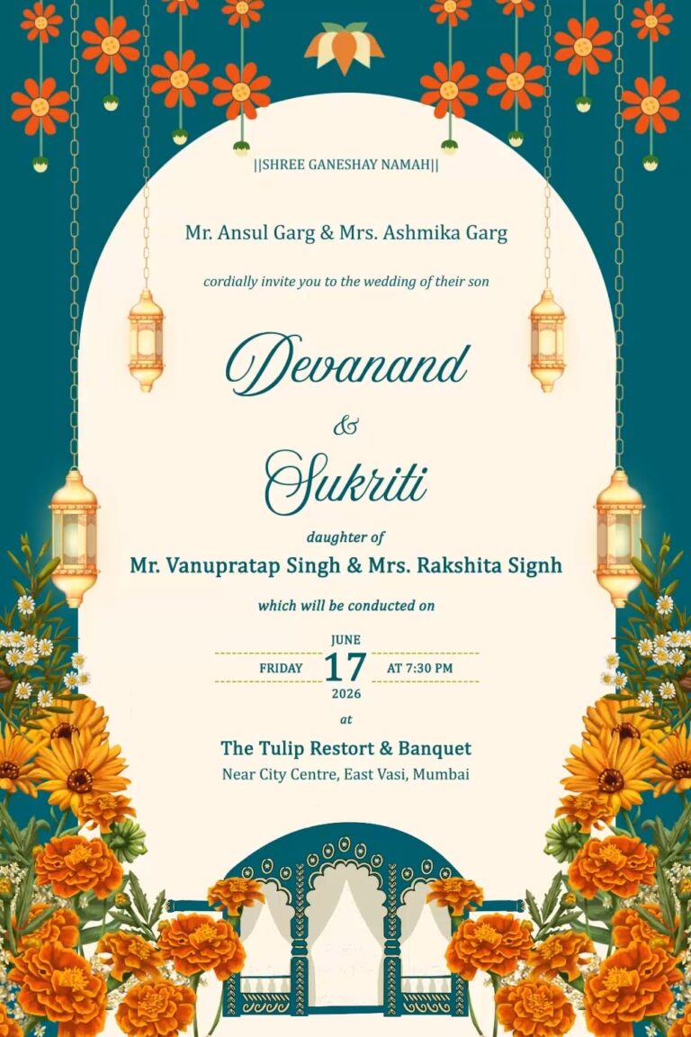 Vivaha Patrika The Essence of Indian Weddings Invitation Video with Hanging Lamps and Marigold Design