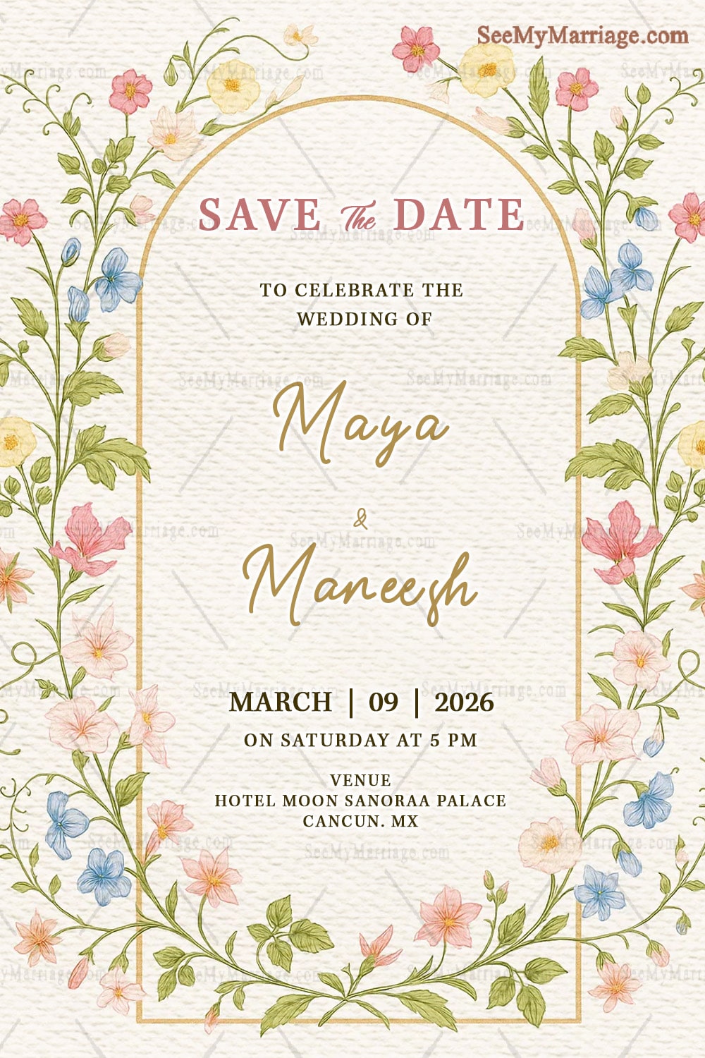 Wildflower Save the Date Wedding Invitation with Golden Arch Design in Soft Cream Texture Background