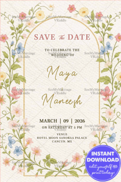 Wildflower Save the Date Wedding Invitation with Golden Arch Design in Soft Cream Texture Background