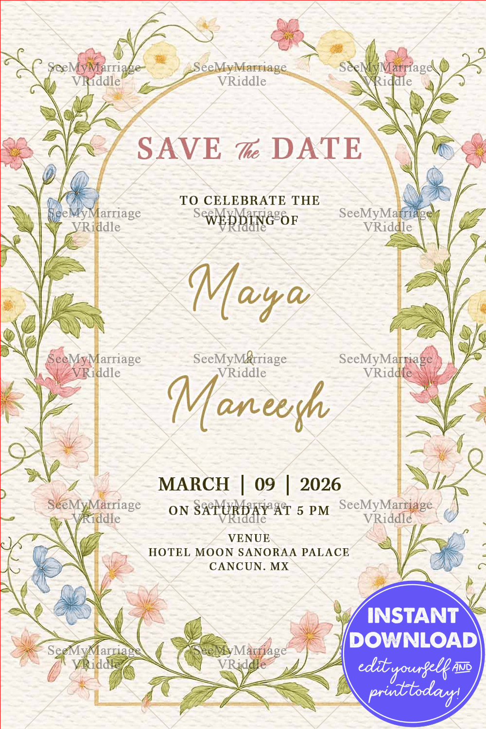Wildflower Save the Date Wedding Invitation with Golden Arch Design in Soft Cream Texture Background