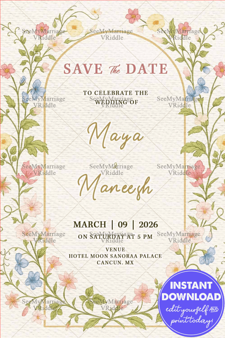 Wildflower Save the Date Wedding Invitation with Golden Arch Design in Soft Cream Texture Background
