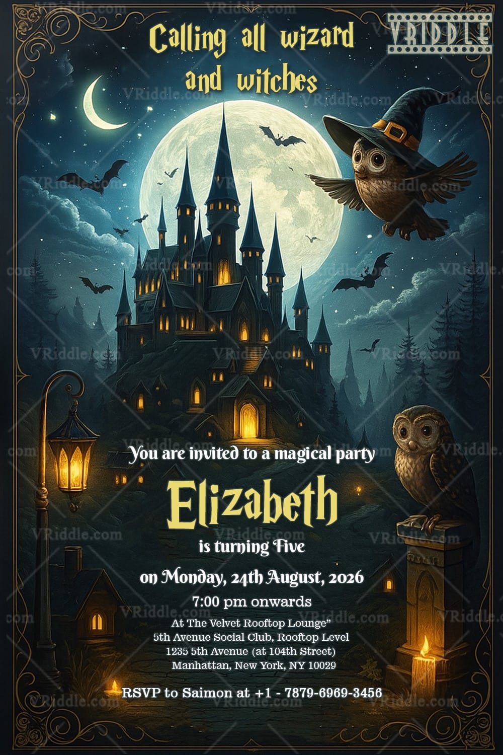 Wizard and Witches Harry Potter Theme Birthday Party Invitation with Castle Owl and Bats