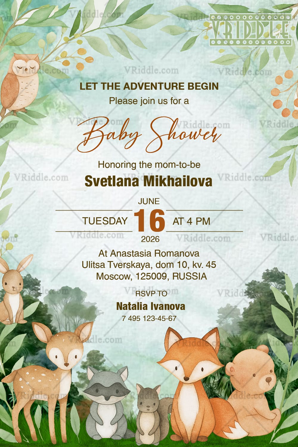 Woodland Animals Baby Shower Invitation with Forest Theme Design and Greenery