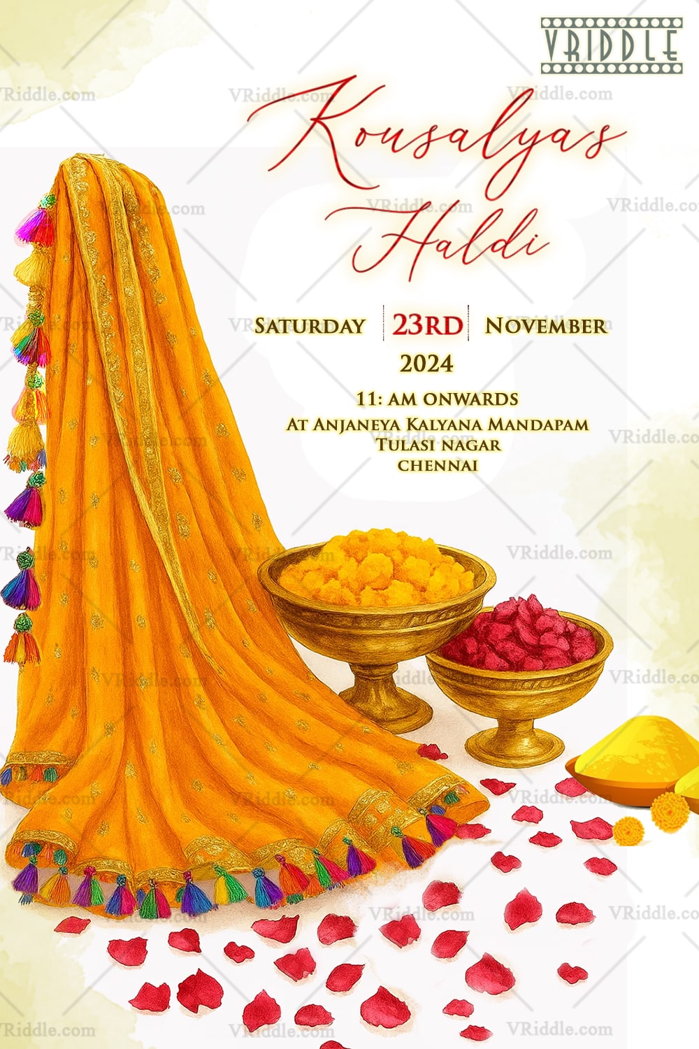 Yellow Dupatta Haldi Ceremony Invitation with Golden Bowls of Turmeric and Rose Petals on a White Background