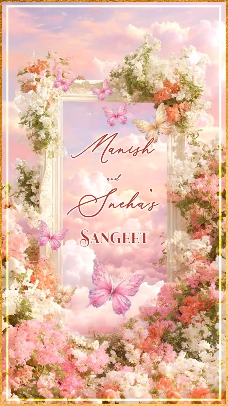 Pink and Peach Blossoms Sangeet Invitation Video with Butterfly, Pastel Clouds and Fantasy Garden Design