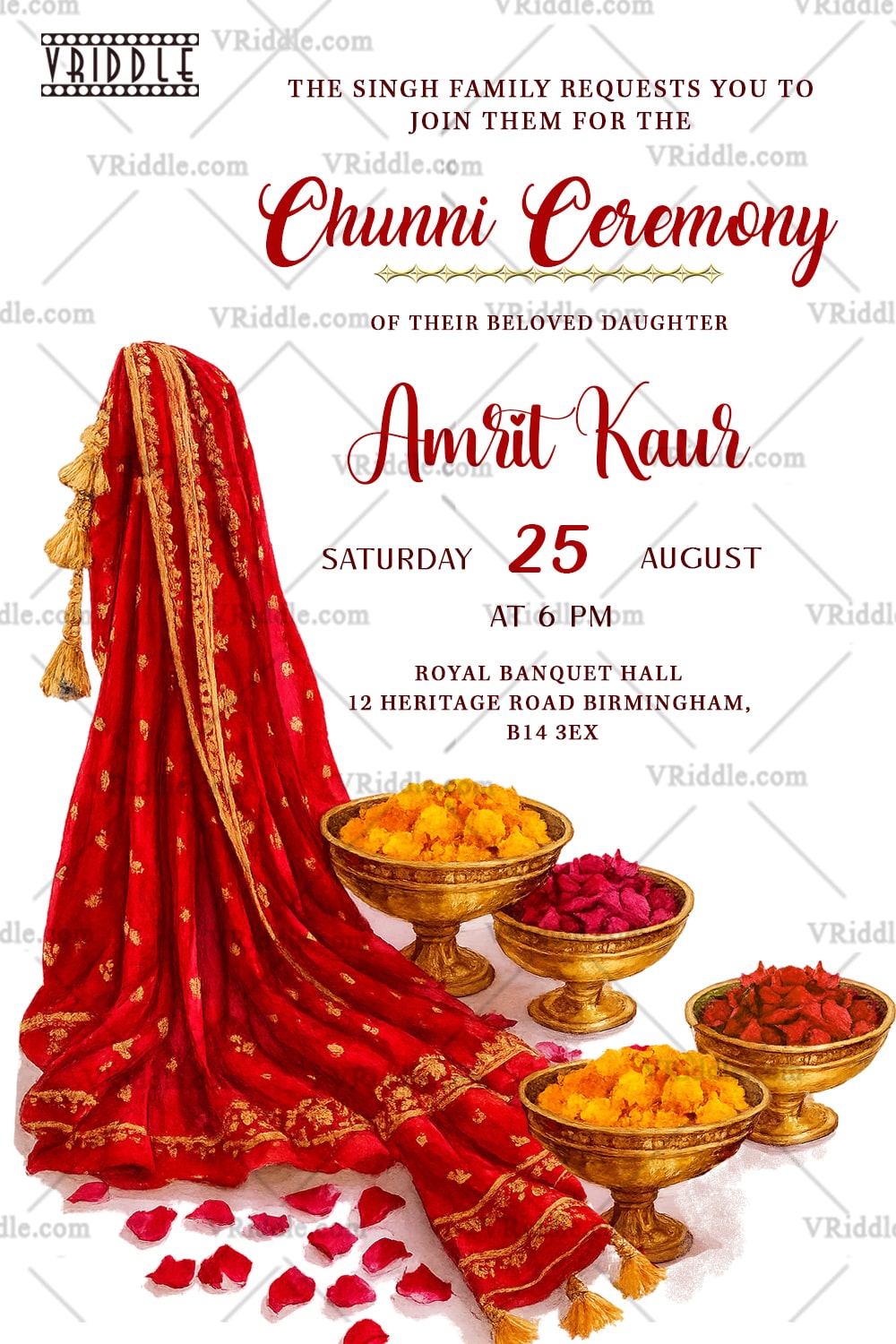 Red Dupatta Chunni Ceremony Invitation with Golden Bowls of Marigold Flower and Rose Petals on White Background