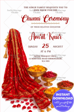 Red Dupatta Chunni Ceremony Invitation with Golden Bowls of Marigold Flower and Rose Petals on White Background