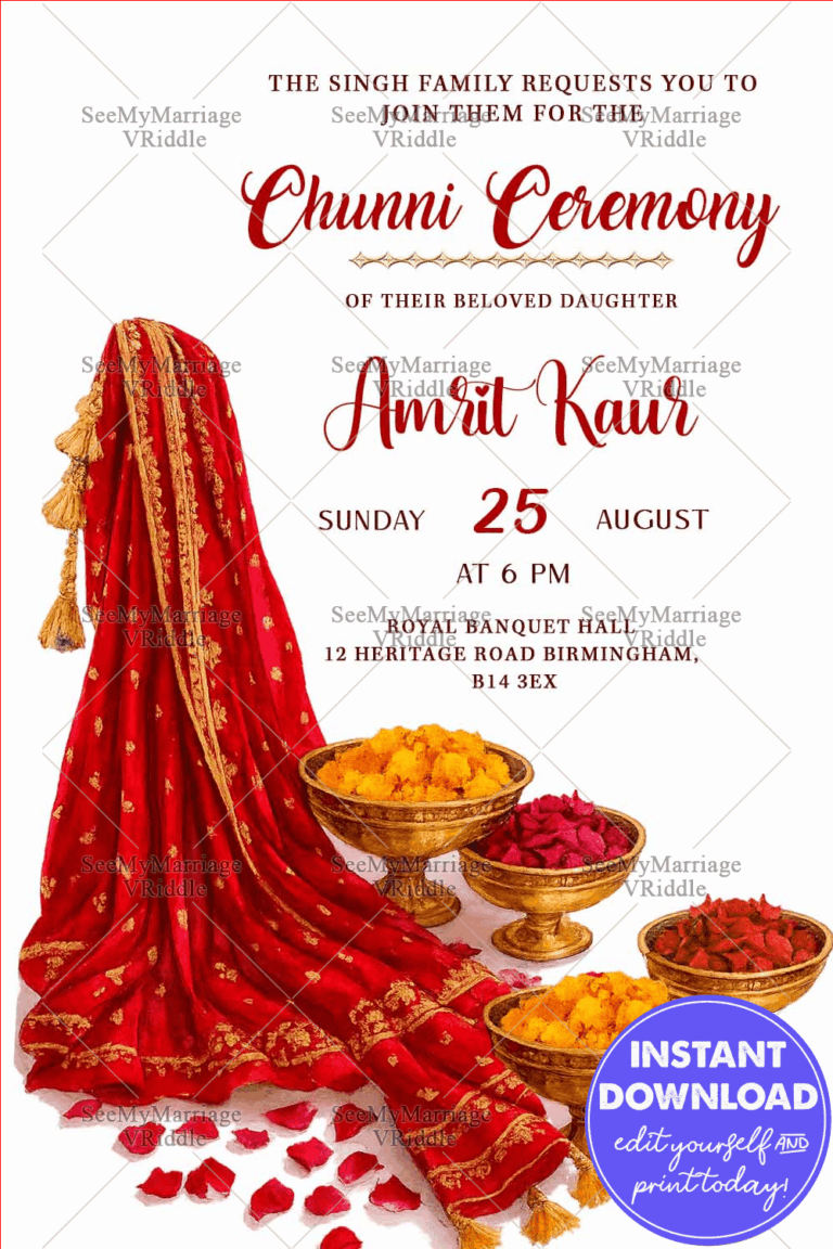 Red Dupatta Chunni Ceremony Invitation with Golden Bowls of Marigold Flower and Rose Petals on White Background