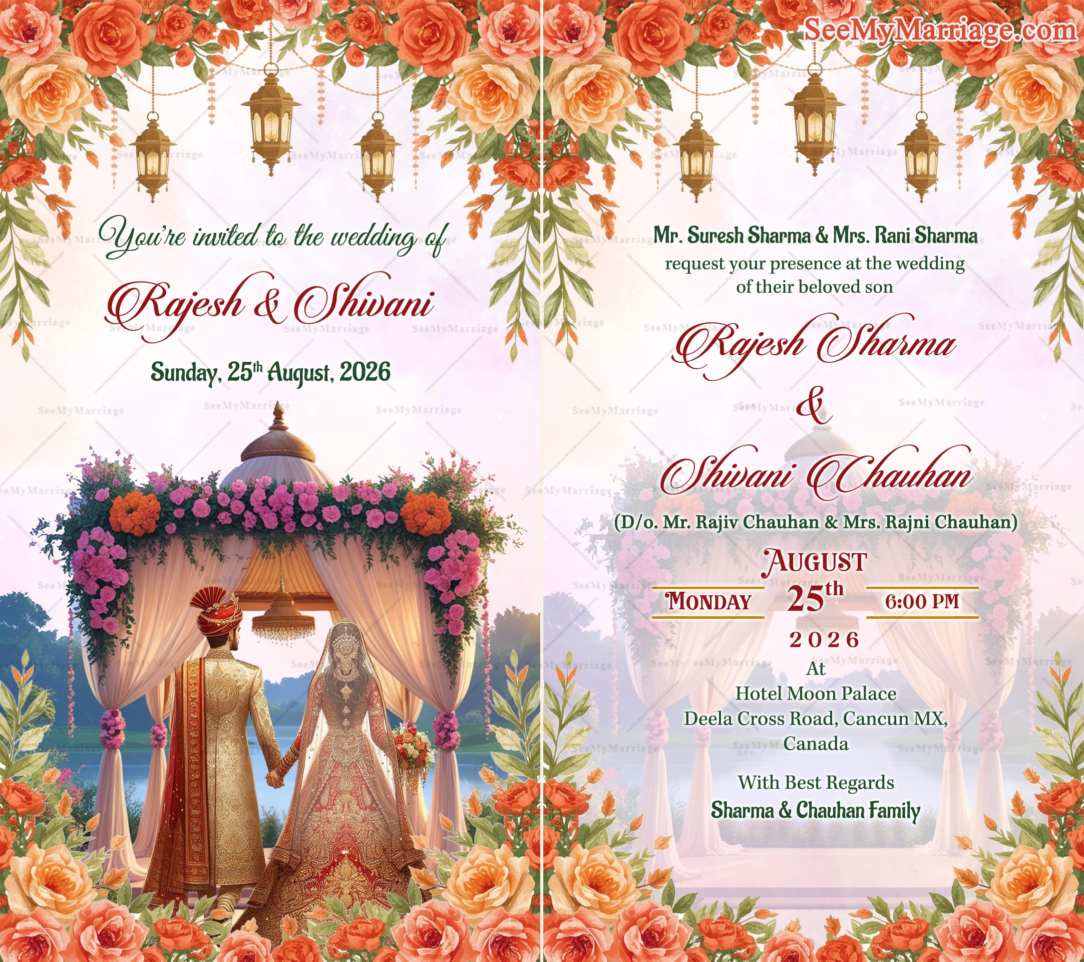 luxurious North Indian Wedding Invitation Card with Romantic Scene of Bride and Groom From The Back