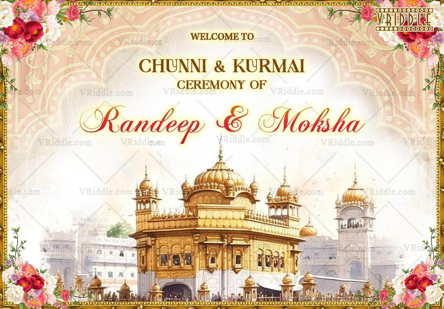 Punjabi Chunni & Kurmai Ceremony Welcome Sign Board Featuring Traditional Golden Temple Illustration and Floral Accents