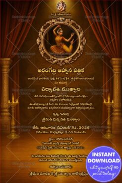 Golden-Brown Telugu Arangetram Invitation Card with Add Photo and Brass Lamps
