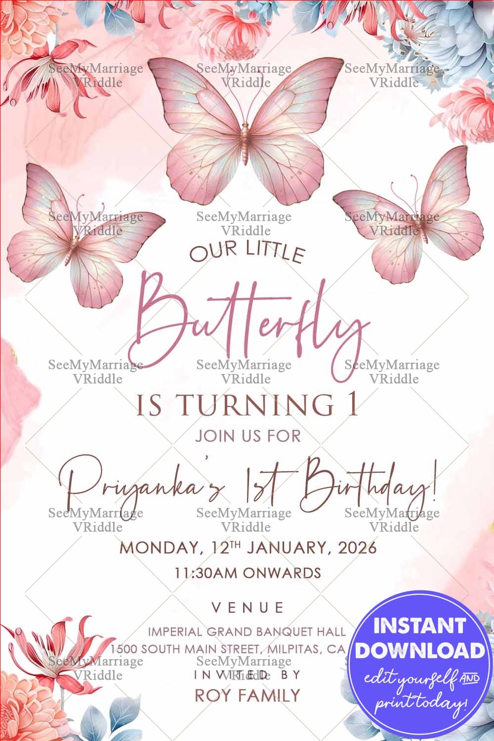 Pink Butterfly Theme First Birthday Invitation Card with Soft Botanical Accents