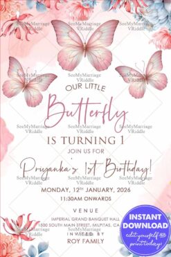 Pink Butterfly Theme First Birthday Invitation Card with Soft Botanical Accents