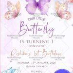 Purple Butterfly Theme First Birthday Invitation Card with Blossoms