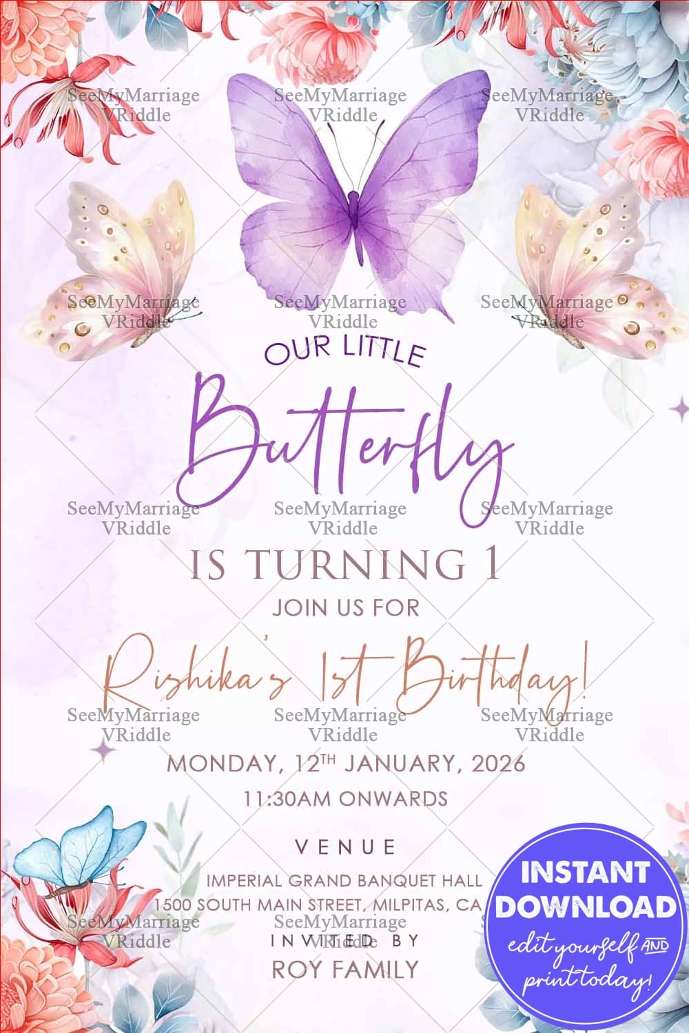 Purple Butterfly Theme First Birthday Invitation Card with Blossoms