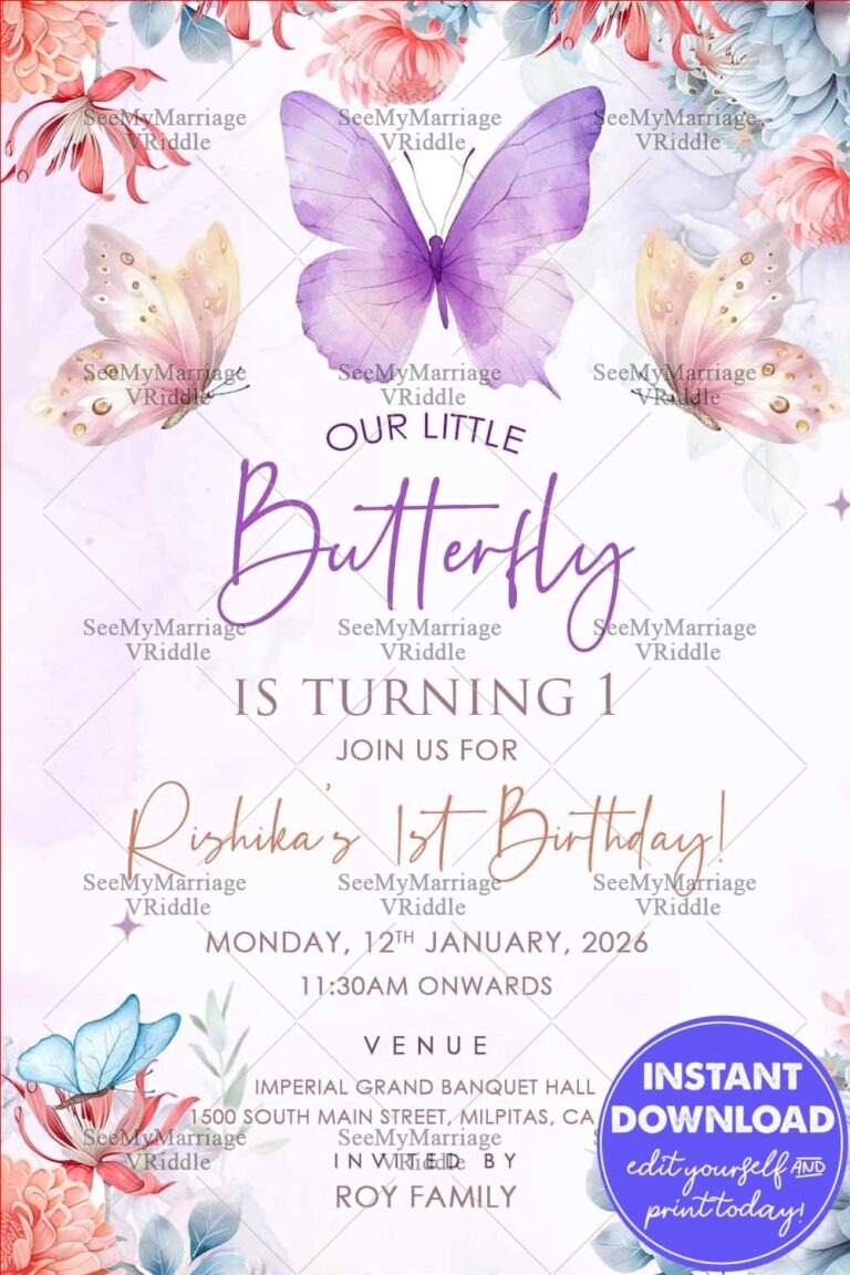 Purple Butterfly Theme First Birthday Invitation Card with Blossoms
