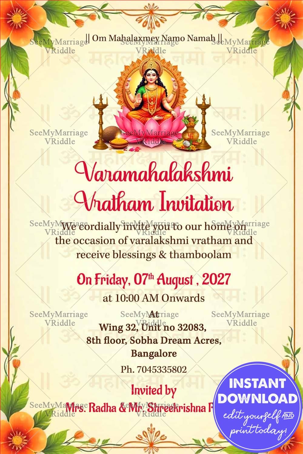 Cream Theme Varamahalakshmi Vratham Invitation Card with Goddess Lakshmi Illustration, Lotus Design and Kalash Decor