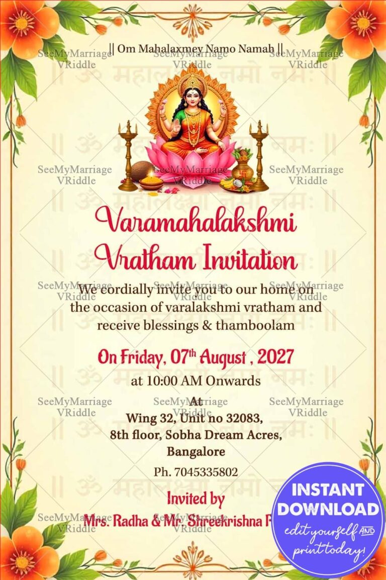 Cream Theme Varamahalakshmi Vratham Invitation Card with Goddess Lakshmi Illustration, Lotus Design and Kalash Decor