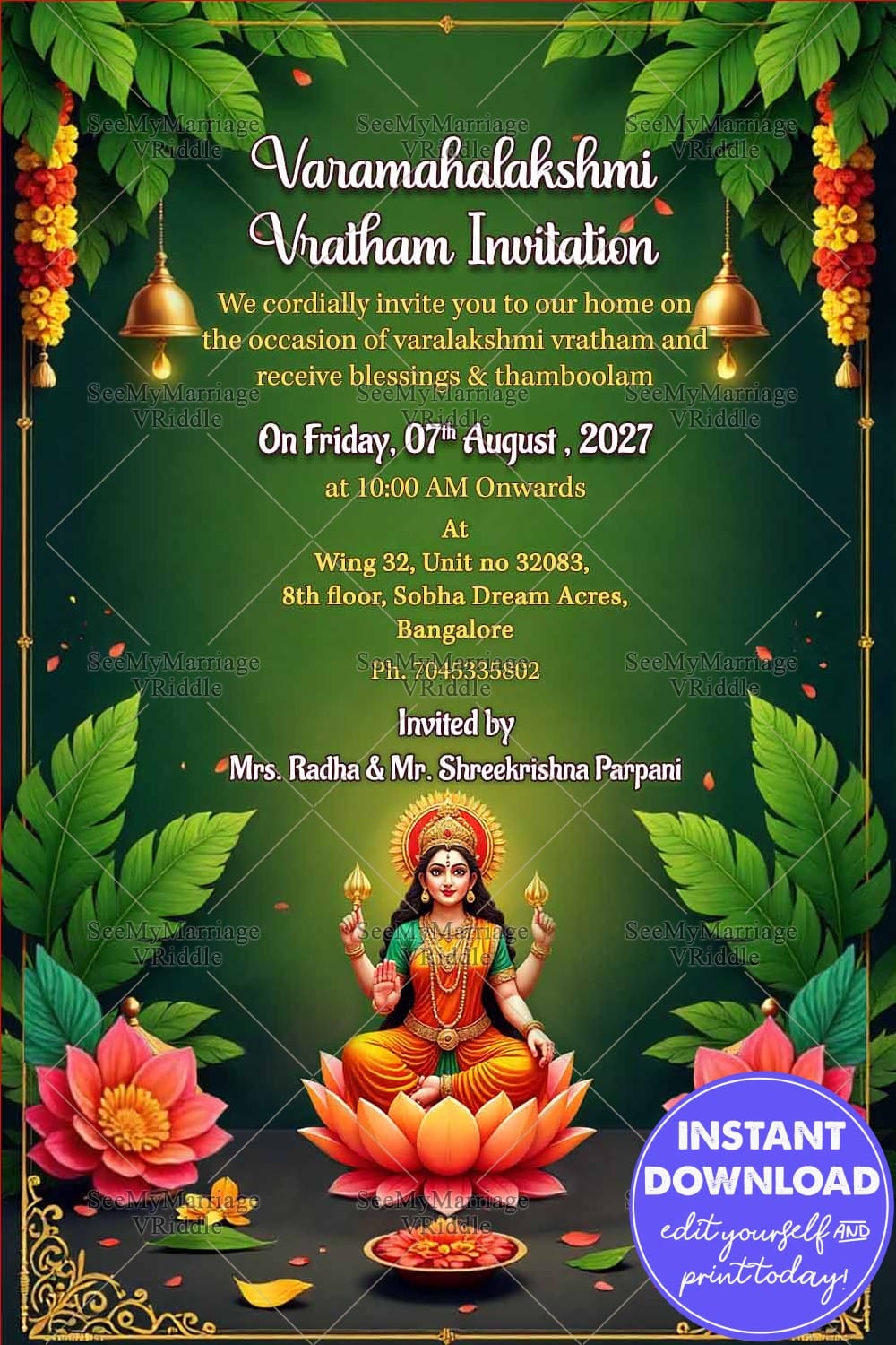 Green Theme Varamahalakshmi Vratham Invitation Card with Goddess Illustration, Lotus Design and Floral Decor