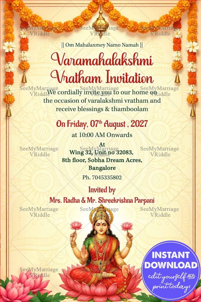 Marigold Theme Varamahalakshmi Vratham Invitation Card with Lakshmi Illustration and Lotus Motif
