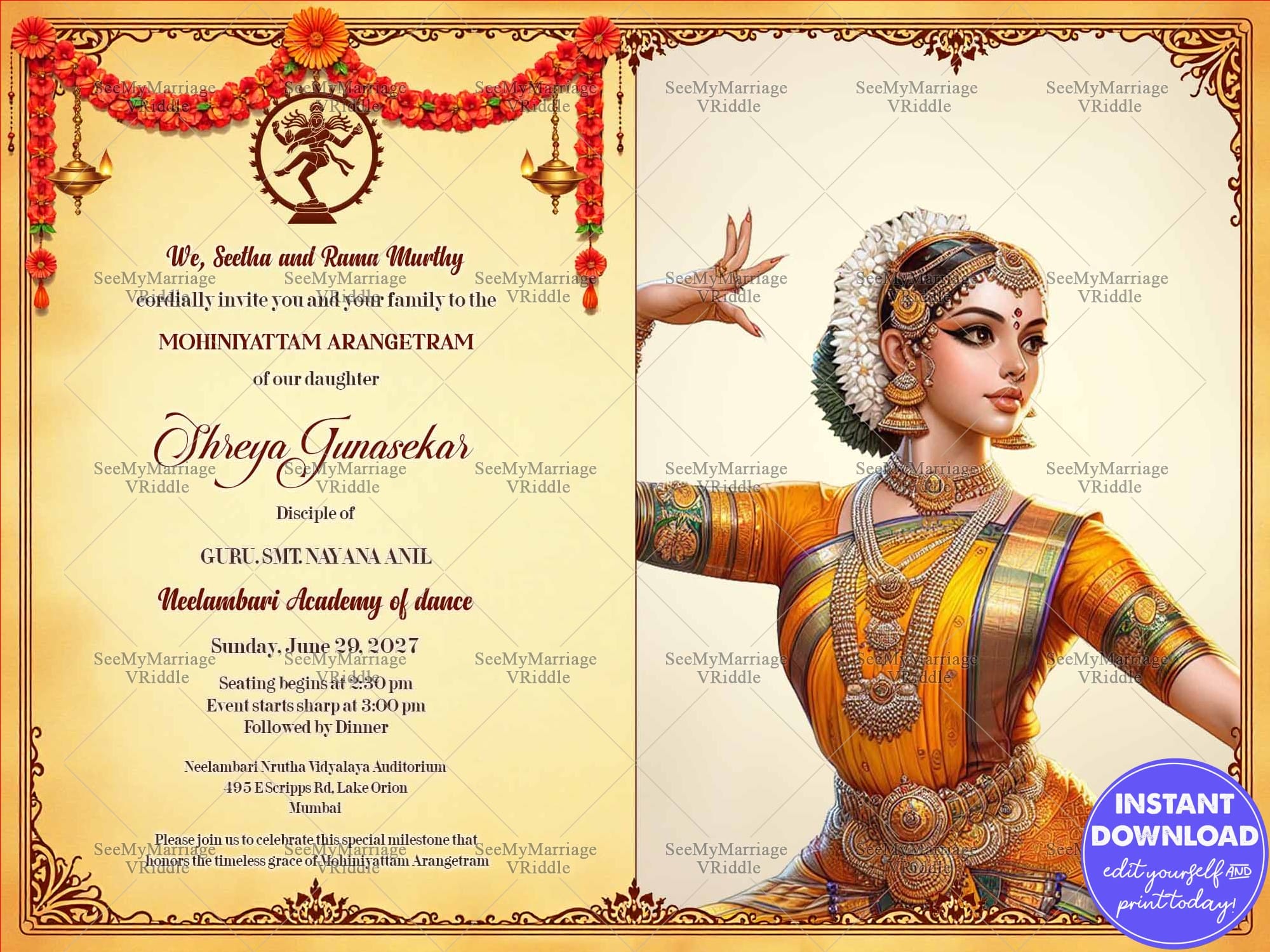 Classical Dance Mohiniyattam Arangetram Invitation Card with Add Photo and Traditional Garland Decor