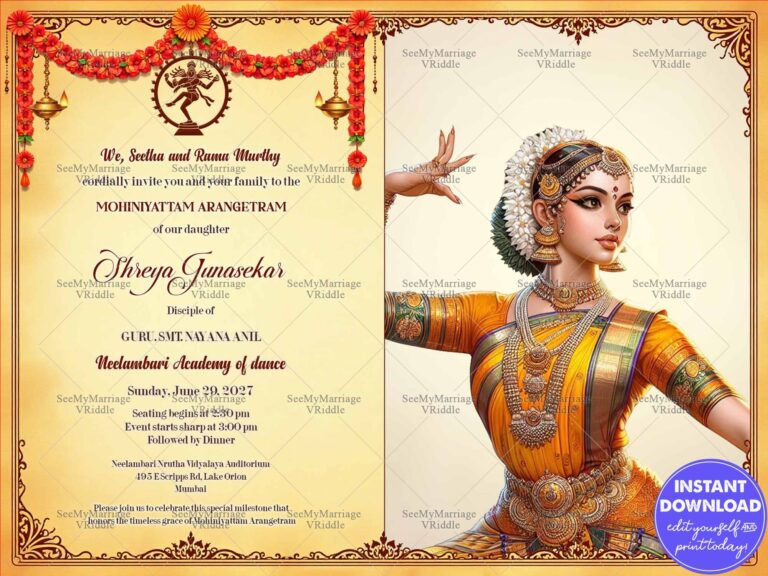 Classical Dance Mohiniyattam Arangetram Invitation Card with Add Photo and Traditional Garland Decor