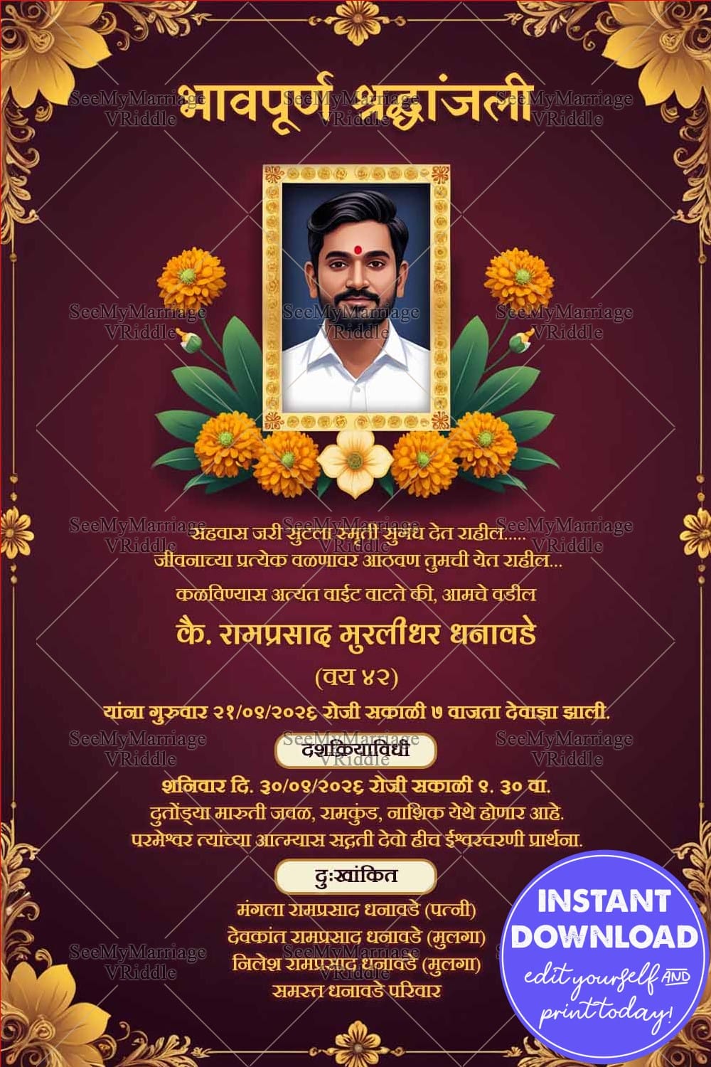 Golden Floral Marathi Bhavpurn Shraddhanjali Card with Add Photo and Memorial Details
