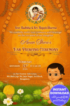 Divine Blessings Ear Piercing Ceremony Invitation with Baby Illustration with vibrant flowers in temple-themed design BG with Add photo Option