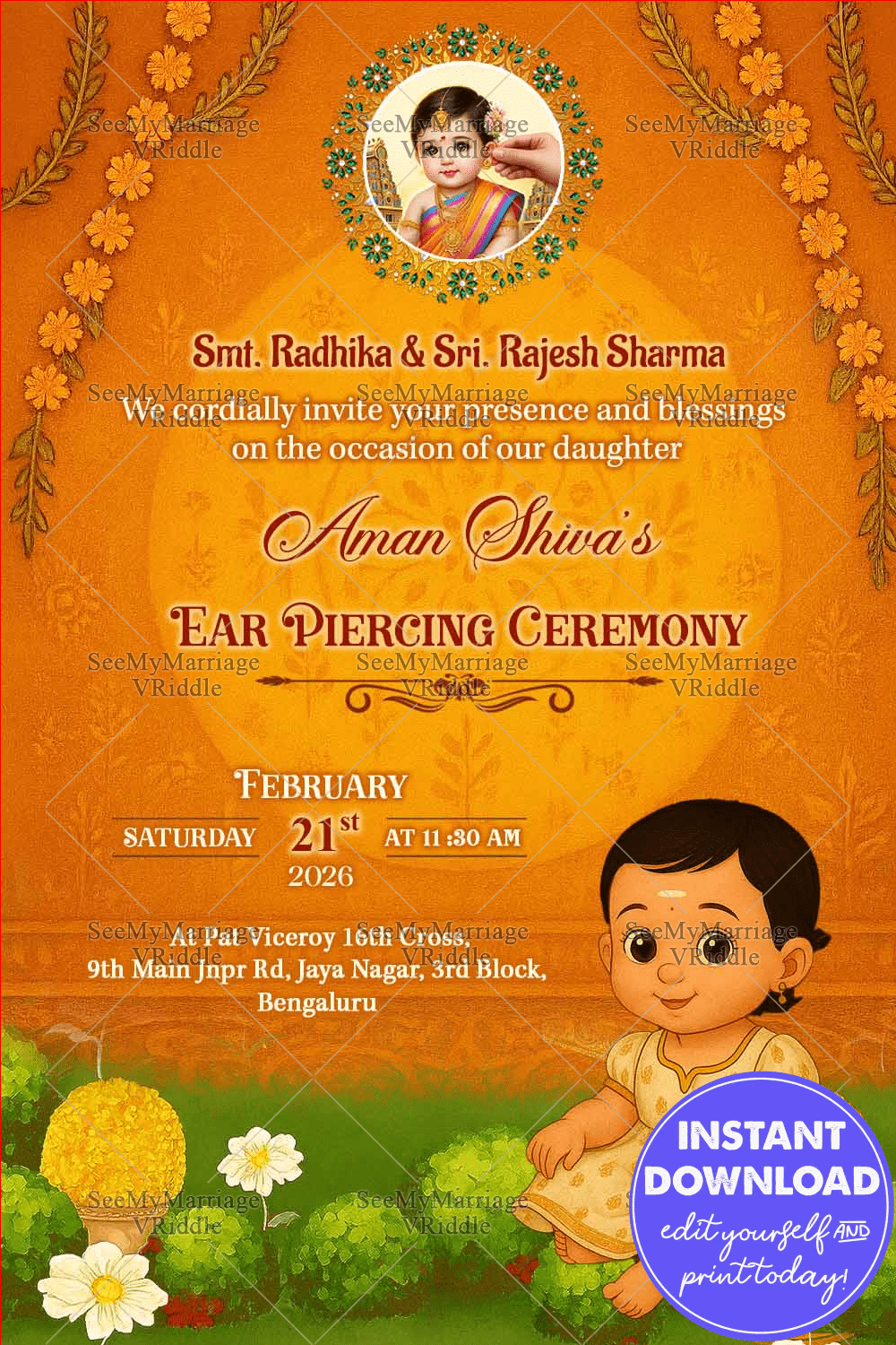 Divine Blessings Ear Piercing Ceremony Invitation with Baby Illustration with vibrant flowers in temple-themed design BG with Add photo Option