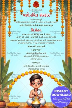 Cartoon Boy Gujarati Yagnopavit Sanskar Invitation with Marigold Decor and Sacred Fire
