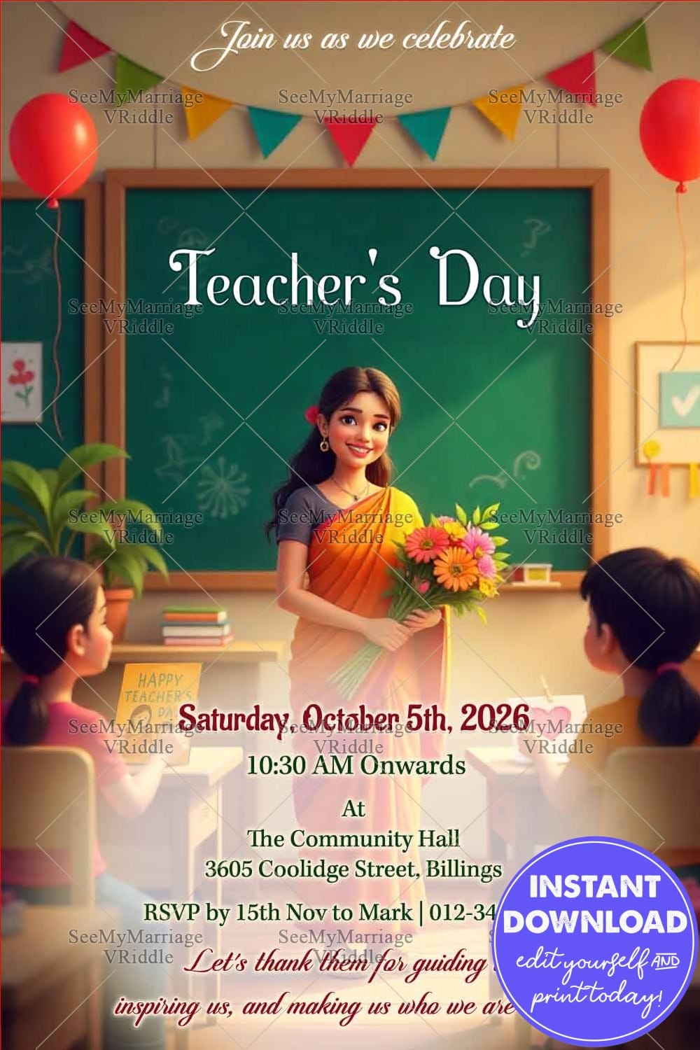 Classroom Themed Teacher’s Day Invitation with Student Illustration and Chalkboard