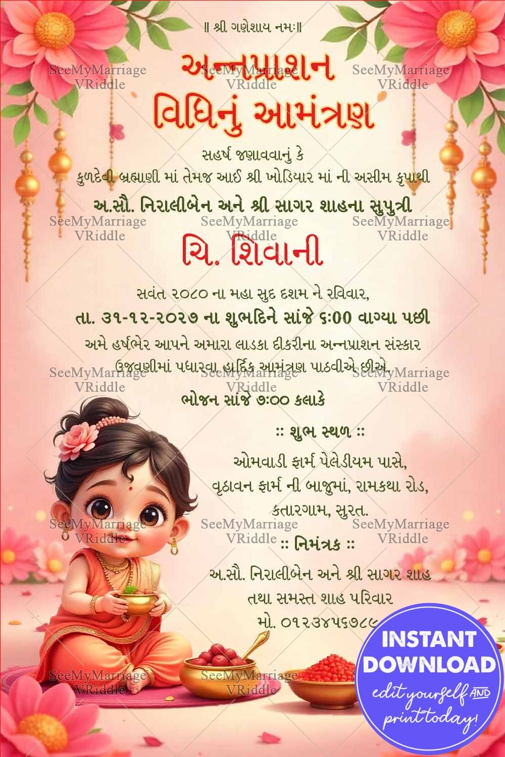 Baby Girl Gujarati Annaprashan Ceremony Invitation with Cute Illustration and Floral Theme
