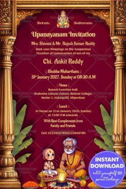 Guru Boy Ghibli Upanayanam Invitation Card with Ornate Pillars and Havan Scene