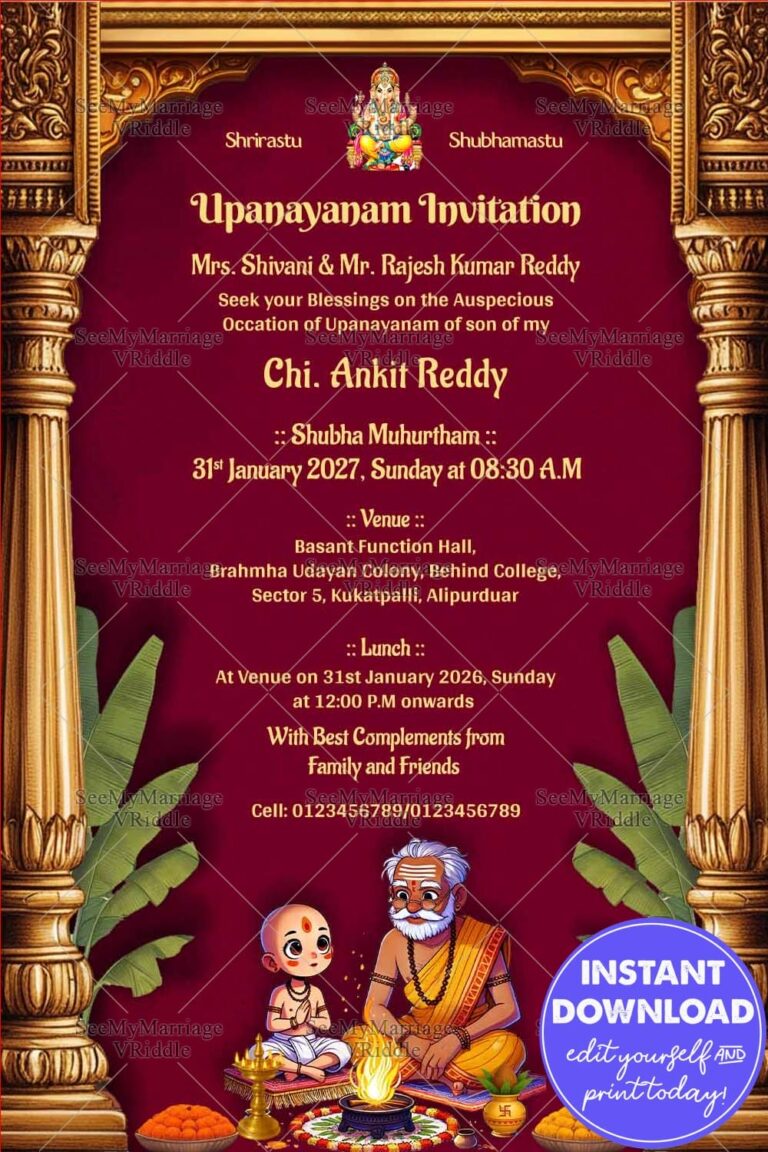 Guru Boy Ghibli Upanayanam Invitation Card with Ornate Pillars and Havan Scene