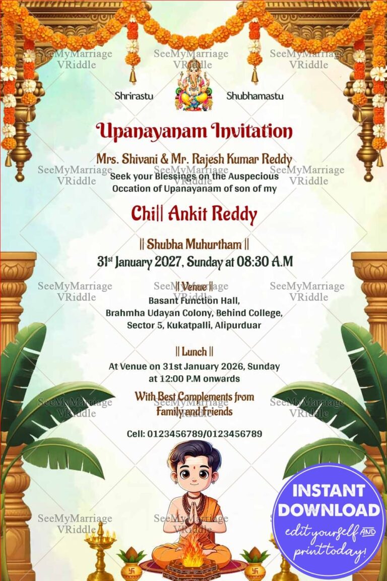 Ghibli Theme Upanayanam Invitation Card with Havan Illustration and Festive Decor