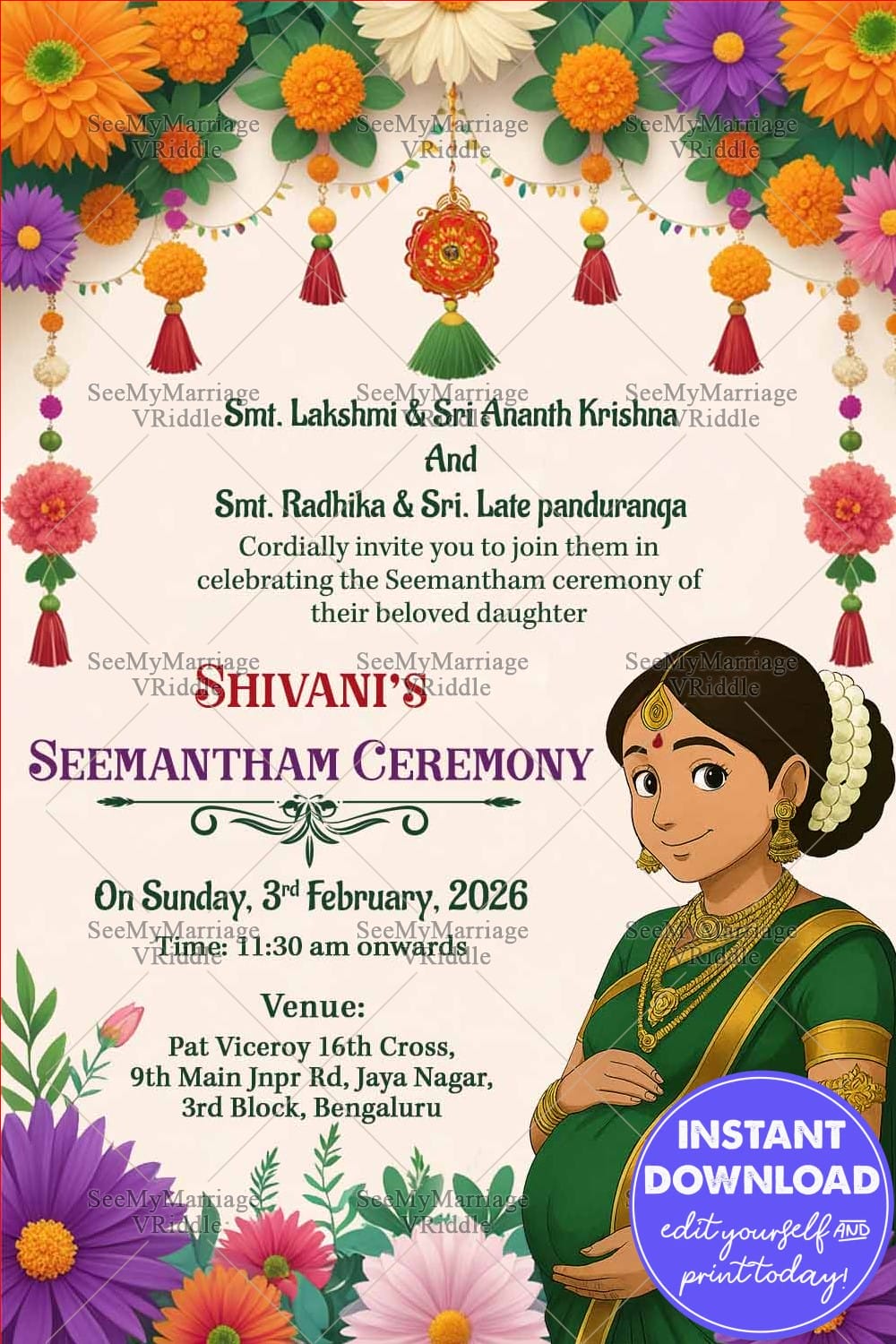 South Indian Ghibli Seemantham Ceremony Card with Traditional Saree Illustration and Floral Decor