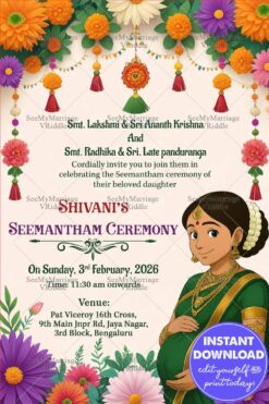South Indian Ghibli Seemantham Ceremony Card with Traditional Saree Illustration and Floral Decor