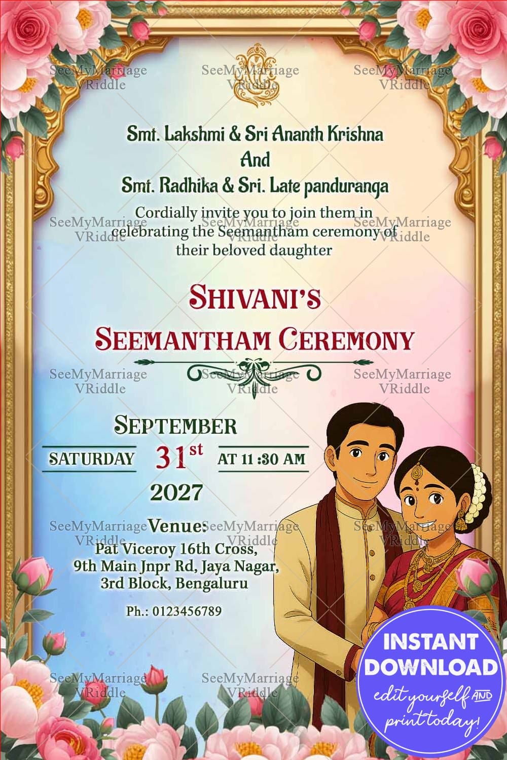 Couple Illustration Ghibli Seemantham Ceremony Card with Golden Frame and Blooming Flowers