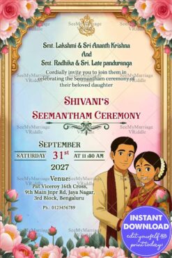 Couple Illustration Ghibli Seemantham Ceremony Card with Golden Frame and Blooming Flowers