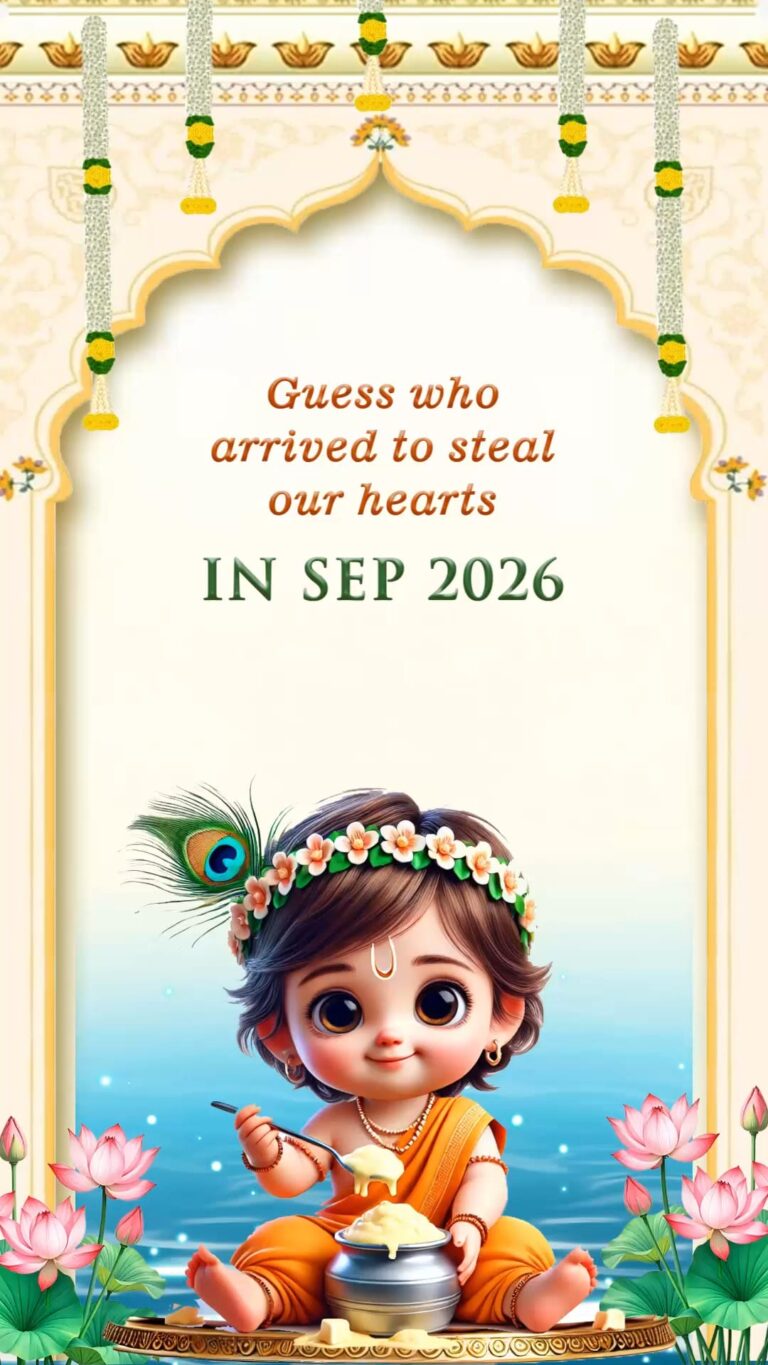 3D Little Krishna Theme Baby Announcement Invitation Video with Peacock Crown and Lotus Floral Design