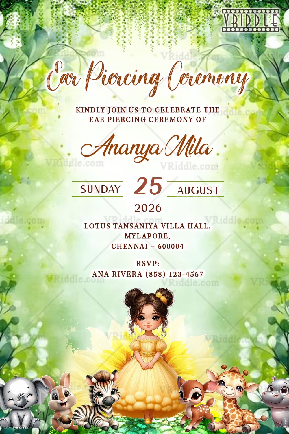 Animal Themed Ear Piercing Ceremony Invitation with Cute Baby Illustration and Enchanted Garden Style Greenery Background