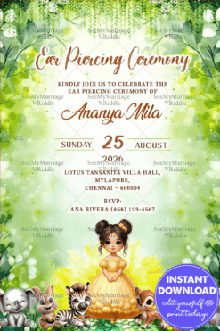 Animal Themed Ear Piercing Ceremony Invitation with Cute Baby Illustration and Enchanted Garden Style Greenery Background