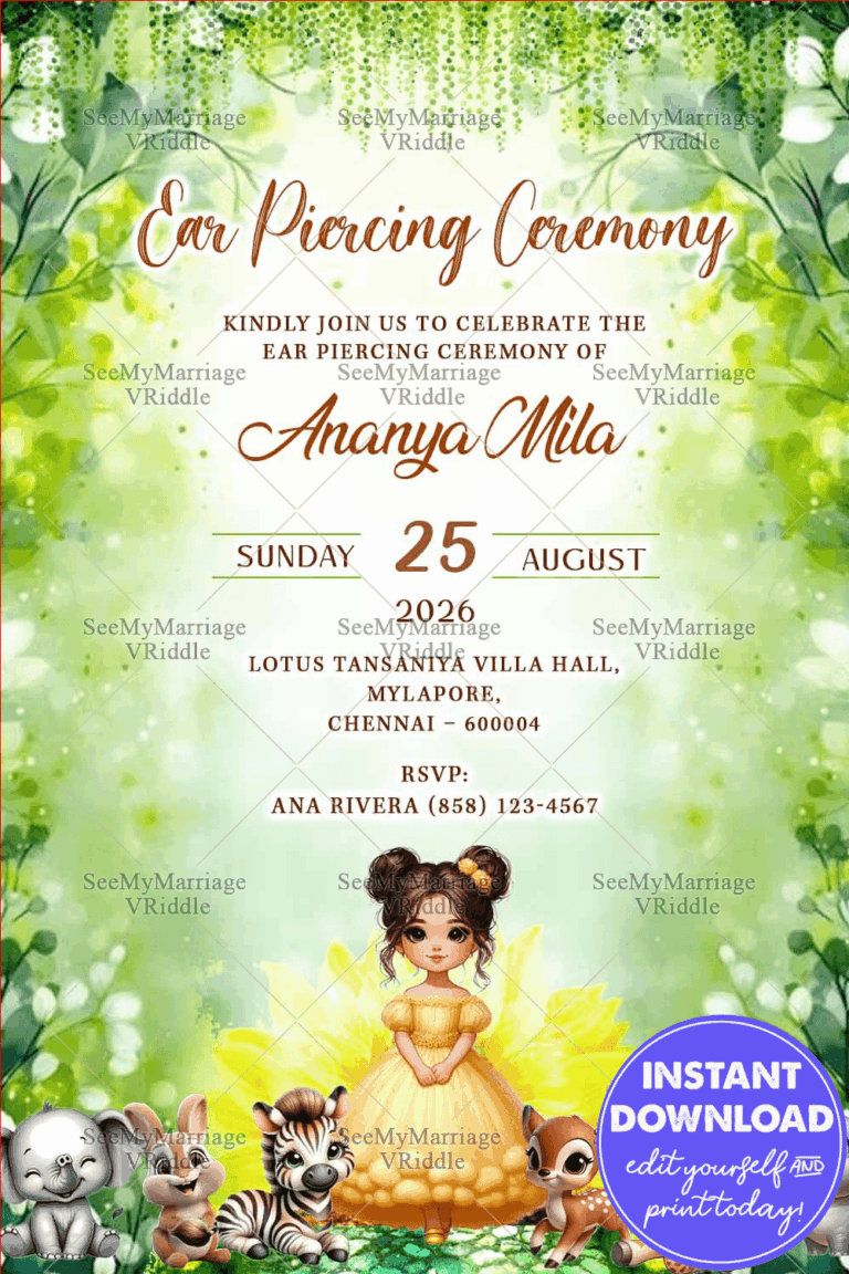 Animal Themed Ear Piercing Ceremony Invitation with Cute Baby Illustration and Enchanted Garden Style Greenery Background